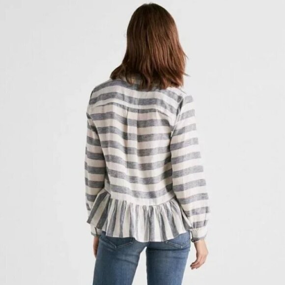 Lucky Brand Long Sleeve Blue-Grey Stripe Peplum Top Size M - Picture 3 of 13